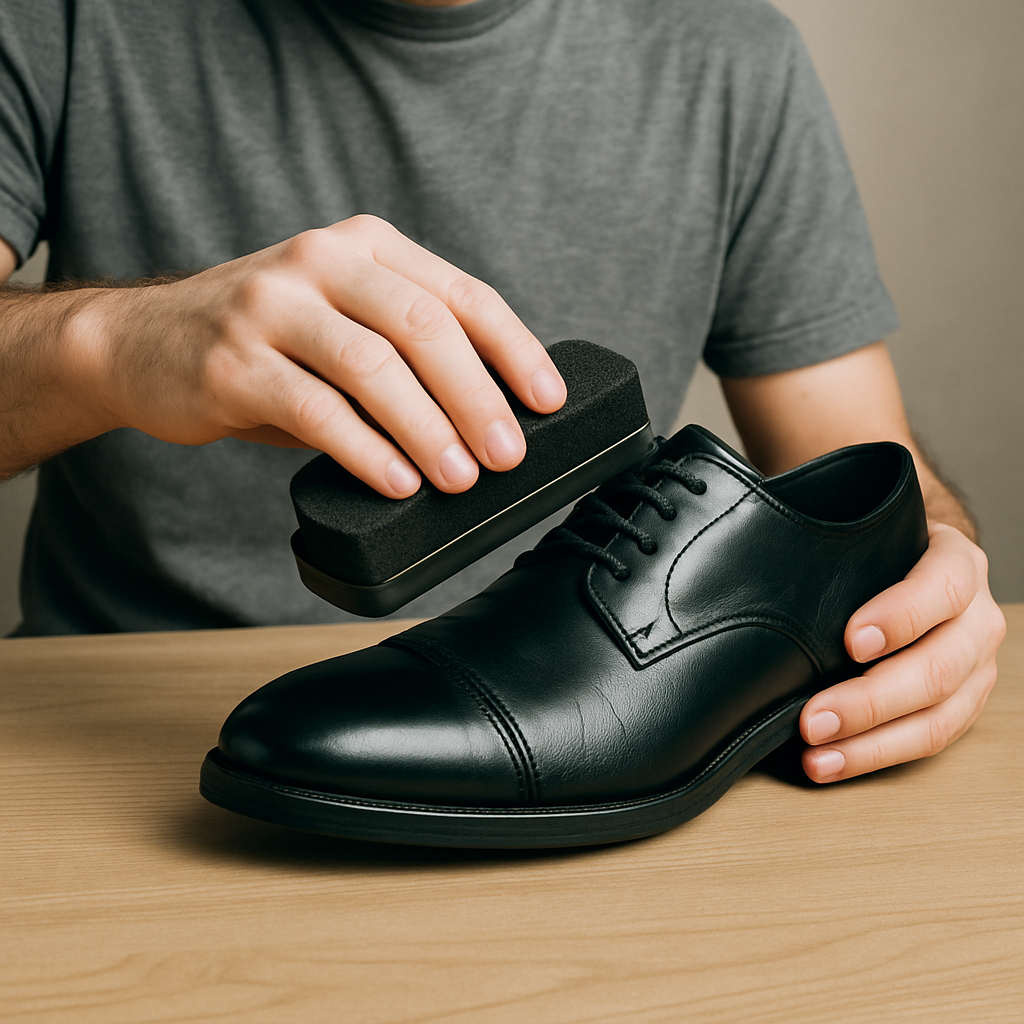 a man use black shoe shine sponges to chlean a shoe.and the man's face can not see.