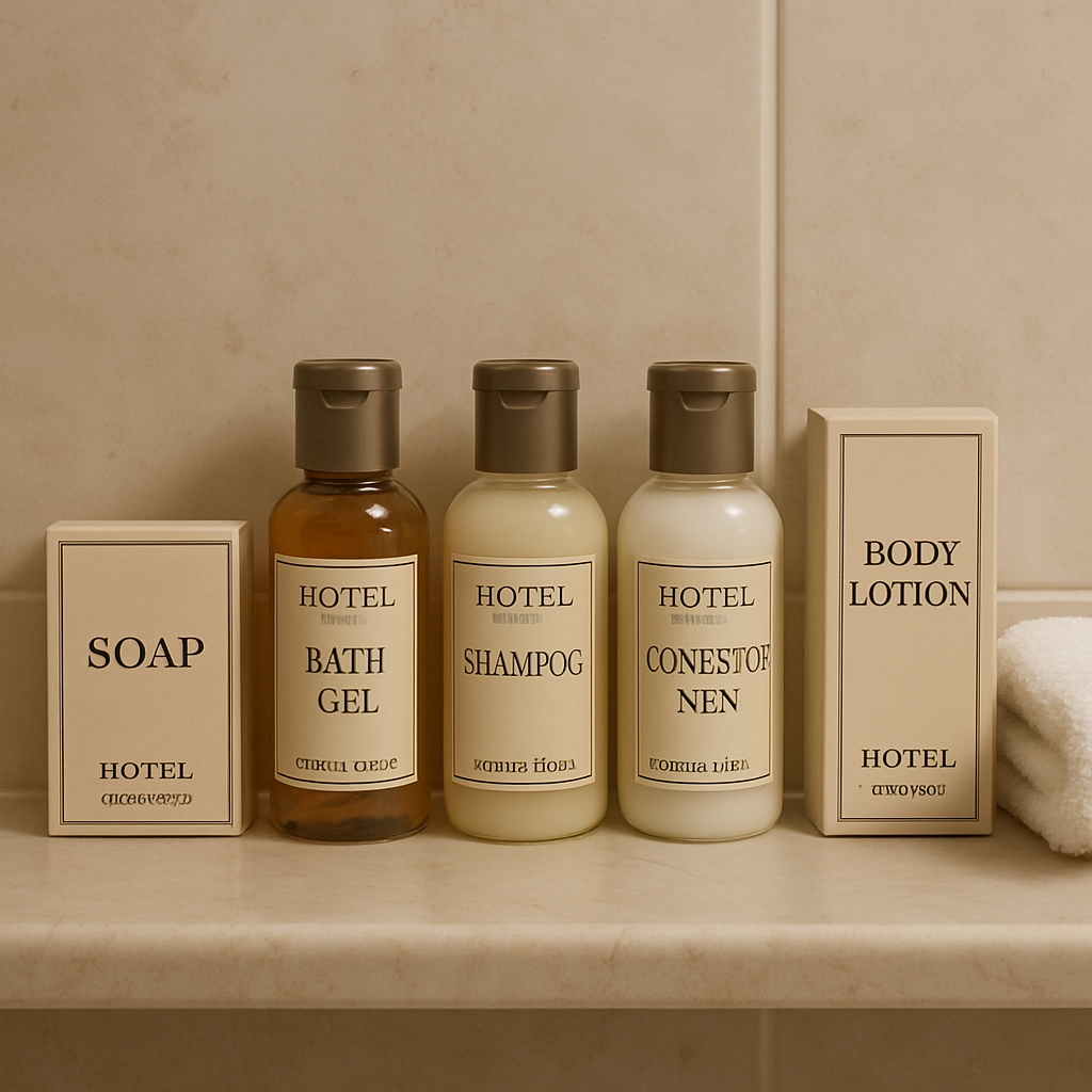 hotel amenities: soap/bath gel/ shampoo/conditioner/body lotion