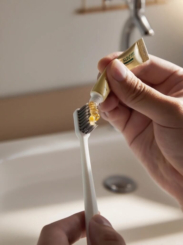 Squeeze toothpaste onto the toothbrush