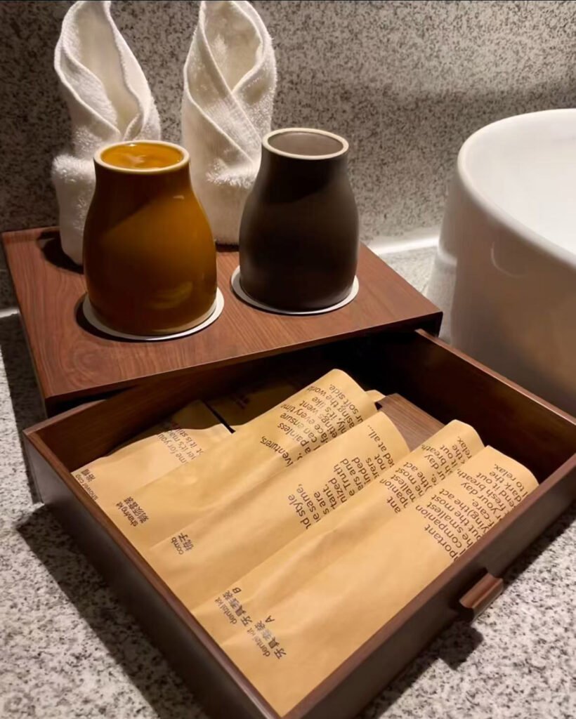 Hotel amenitity are placed in the hotel rooms.